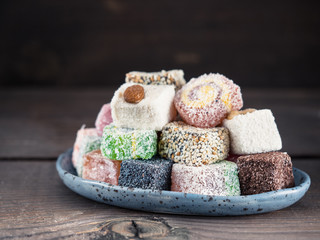 Turkish delight assortment, copy space