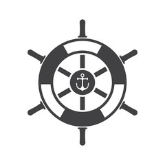 Obraz premium Ship wheel vector icon. Marine rudder illustration isolated on white background. Nautical navigation logo or label template.