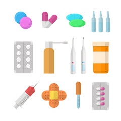 A set of medicines. First aid kit. Treatment. Vector illustration in a flat style.