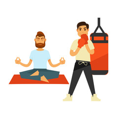 Man doing yoga on rug and boxing person in gloves