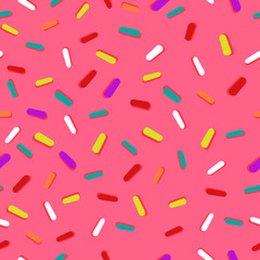 Donut's glaze seamless pattern with sprinkles, pink background, texture. Vector illustration.