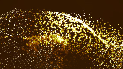Gold glitter particles explosion and twist.Glowing shiny dots.