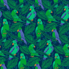 Summer Vector Seamless Pattern. Cartoon Illustration Parrots, Cockatoo and Leaves in blue and green