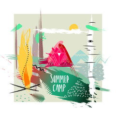 Vector hand-drawn illustration. Square abstract trendy composition of smears on theme of campground in forest. Concept for poster, print, advertising, touristic brochure, t-shirt.