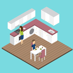 people in the modern kitchen Isometric 3D vector. illustration EPS10.