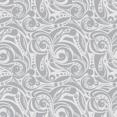 Seamless abstract pattern. Seamless pattern from hand-drawn objects. Seamless pattern from doodles. Grey and white. Use as a background for packaging, postcards, wallpaper, prints on fabric, etc.