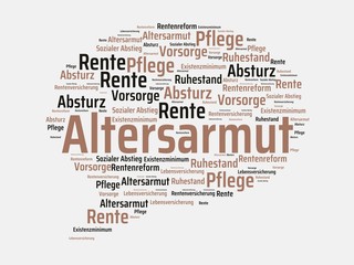 Altersarmut - Bilder mit Wörtern aus dem Bereich Altersarmut, Wortwolke, Würfel, Buchstabe, Bild, Illustration
