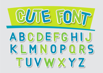 Concept of vector festive alphabet. Blue and green 3d letters with white outline and hatching.