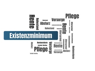 Existenzminimum - Leben - Bilder mit Wörtern aus dem Bereich Altersarmut, Wortwolke, Würfel, Buchstabe, Bild, Illustration