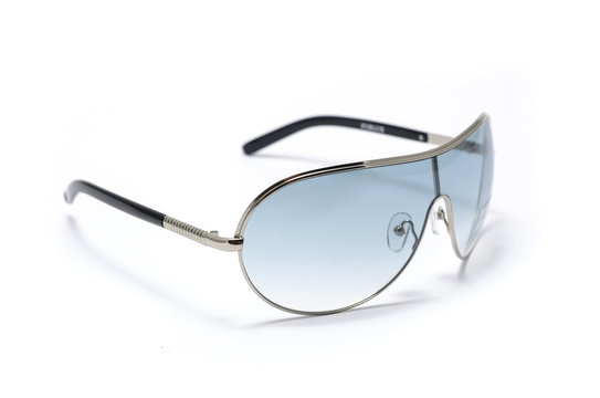 Men's sunglasses in metal frame with blue gluss isolated on white