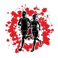 Man and woman running together, marathon runner designed on splash colors background graphic vector