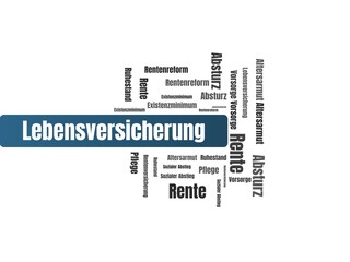 Lebensversicherung - Bilder mit Wörtern aus dem Bereich Altersarmut, Wortwolke, Würfel, Buchstabe, Bild, Illustration