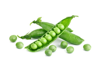 Ripe green peas on a white background. An isolated object.