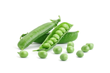 Ripe green peas on a white background. An isolated object.