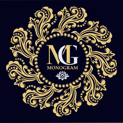 Decorative floral pattern. Gold graceful frame. Heraldic symbols. Monogram initials and exclusive calligraphic design elements. Vector business sign, identity for hotel, restaurant, jewelry, fashion.
