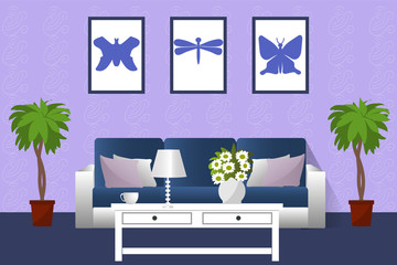 The interior of the living room. Room with sofa, table, lamp , colors and patterns. Vector illustration. Cartoon.