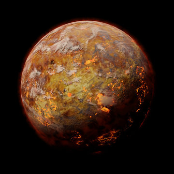 hot alien planet with volcanic activities, isolated on black background