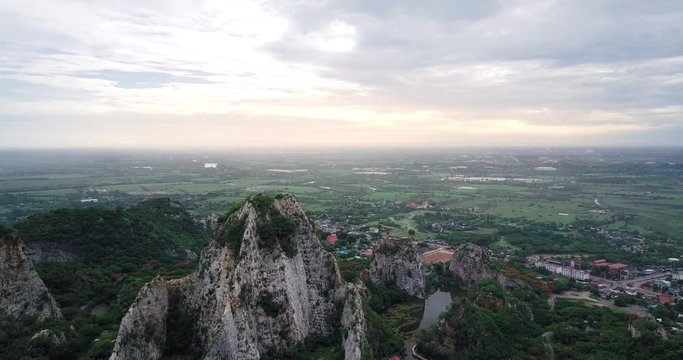 Aerial view of Mount Khao Ngoo Rock Park or Thueak Khao Ngu, Ratchaburi Ancient monuments in Ratchaburi Province, Thailand