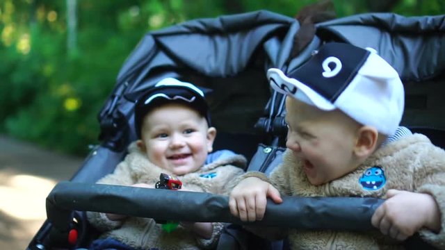 Joyful twins in a baby carriage