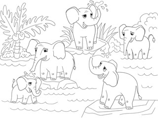 Family of African elephants coloring book for children cartoon vector illustration