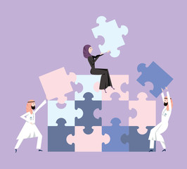 People in the Arab national dress collect puzzle. Business concept of teamwork and teambuilding. Vector illustration, isolated on violet background.