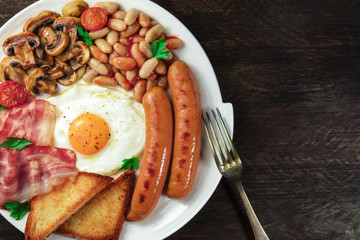 Overhead shot of English breakfast with copyspace