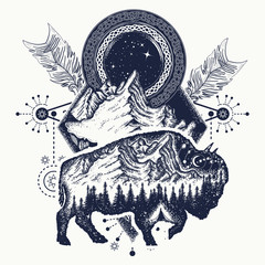 Bison and mountains t-shirt design, tattoo. Bison double exposure, mountains, crossed arrows. Tourism symbol, adventure, great outdoor. Buffalo silhouette t-shirt design tribal art poster