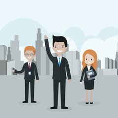 Cartoon businessman standing in front of the group, raising his hand up