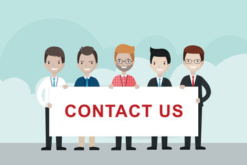 Cartoon businessmen  holding CONTACT US sign