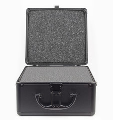 Opened isolated black suitcase for product display