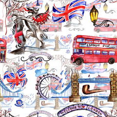 Watercolor London pattern  illustration. Great Britain hand drawn symbols.