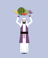 Arab merchant man in national clothes is holding a tray with fruit over his head. Vector illustration.