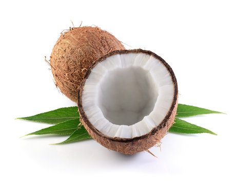 Healthy food. Fresh coconut with green palm leaves