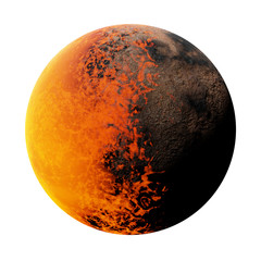 Naklejka premium tidally locked exoplanet with a molten and a rocky side, isolated on white background