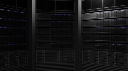 Multiple server racks with blinking lamps. ISP, cloud technology, big data or e-commerce concepts. 3D rendering