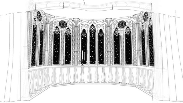 Gothic balcony in old castle 3d render cartoon black and white lines animated looped background
