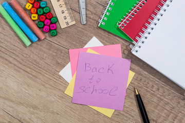 text back to school with school supplies on desk