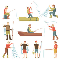 Summer fishing sport vacation vector flat icons. Fishermen with fish set