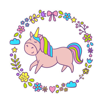 Cute unicorn with floral wreath. Cartoon character. Vector illustration