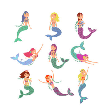 Cute fish girls vector characters. Swimming pretty princess mermaids