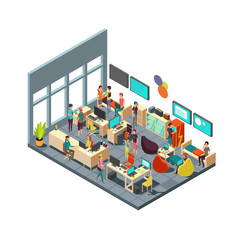 Relaxed creative people meeting in room interior. 3d isometric coworking and teamwork vector concept