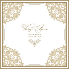 Vintage Greeting card for wedding, birthday and other holidays. Decorative Gold frame.