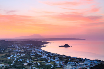 Beautiful morning aerial view of the village Kefalos, Kastri island and the coast of Kos, Dodecanese, Greece