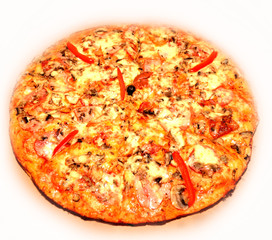 Pizza with tomato, salami and olives