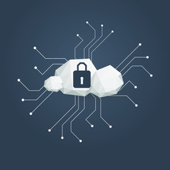 Cloud computing and data security or privacy vector concept with padlock symbol on cloud.