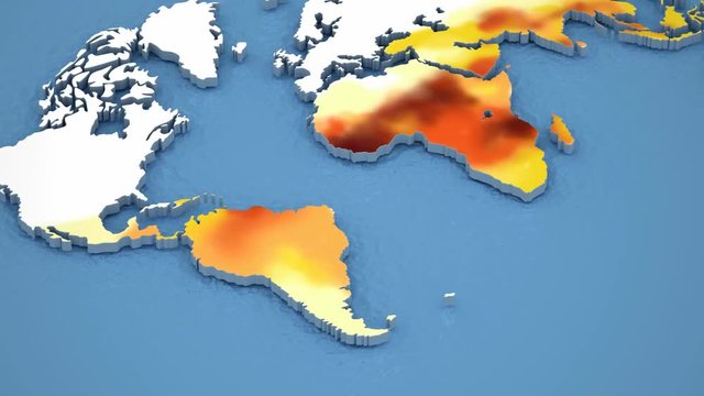 Malaria disease spread map. Areas and risks . 3D animation