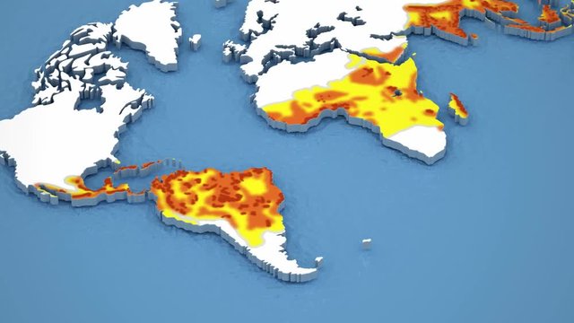 The world map of Dengue fever spread. 3D animation