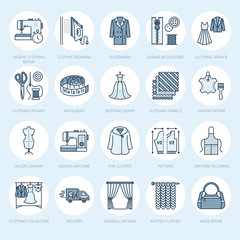 Clothing repair, alterations flat line icons set. Tailor store services - dressmaking, clothes steaming, curtains sewing. Linear colored signs set, logos for atelier.