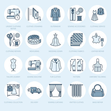 Clothing repair, alterations flat line icons set. Tailor store services - dressmaking, clothes steaming, curtains sewing. Linear colored signs set, logos for atelier.