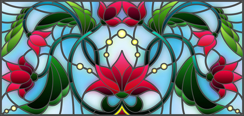 Naklejki  Illustration in stained glass style with abstract pink flowers on a blue background